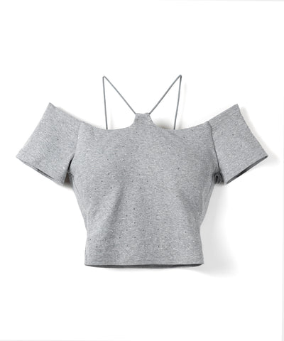 ラインストーンクロスネックショートTシャツ ／ Rhine stone cross neck short T-shirts