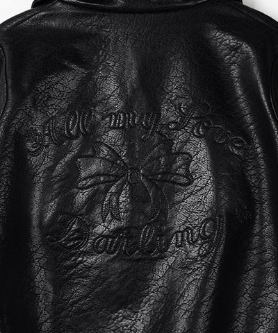 【 ２color 】バックリボン刺繍ヴィンテージライクフェイクレザーブルゾン ／ back ribbon vintage like fake leather blouson