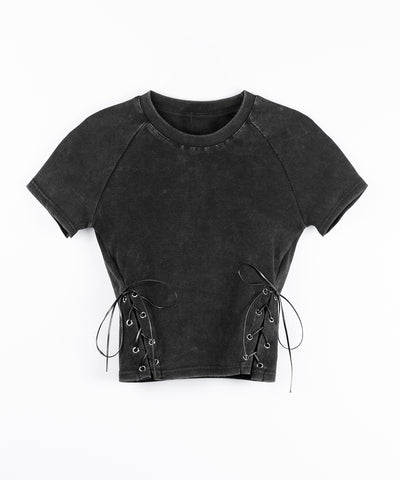 ヴィンテージサイドレースアップカットアウト半袖ショートTシャツ ／ vintage side lace up cutout short short sleeve T-shirts