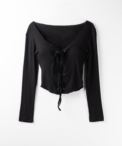 【 ３color 】レースアップフロントリボンショートスリムトップス ／ lace up front ribbon short slim tops
