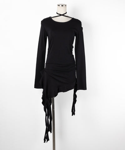 【 ３color 】クロスチョーカーアシンメトリーラッフルフリルトップス ／ cross choker asymmetry ruffle frill tops