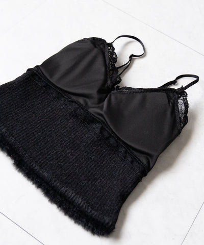【 カップ付き 】ダブルレースシャギーファーショートビスチェキャミソール ／ double lace shaggy fur short bustier camisole