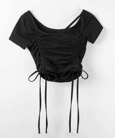 ダブルシャーリングリボンストラップＴシャツ ／ double shirring ribbon strap T-shirts
