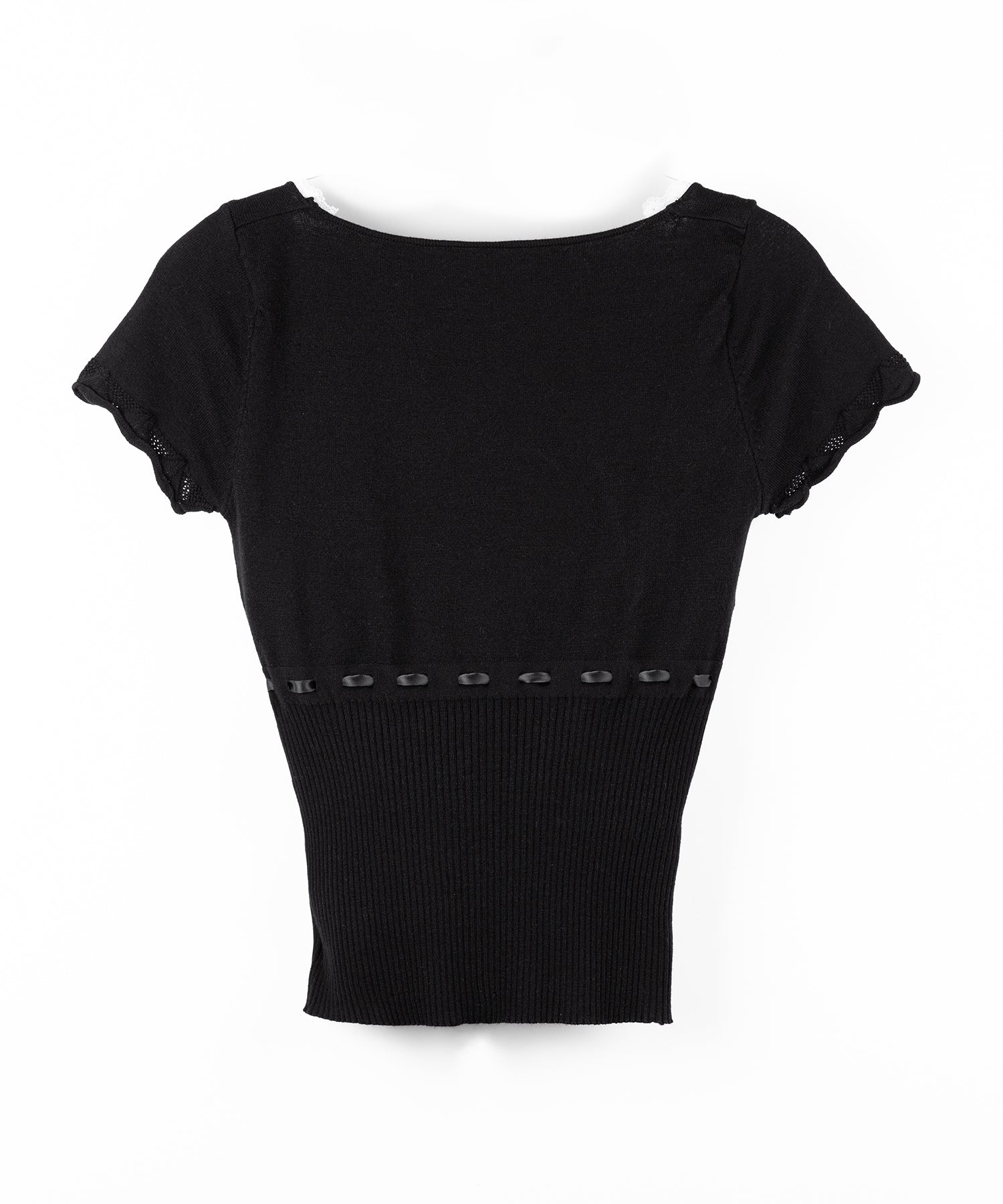 フロントリボンスクエア半袖ニットトップス / front ribbon square short sleeve knit tops