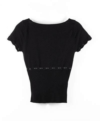 フロントリボンスクエア半袖ニットトップス / front ribbon square short sleeve knit tops