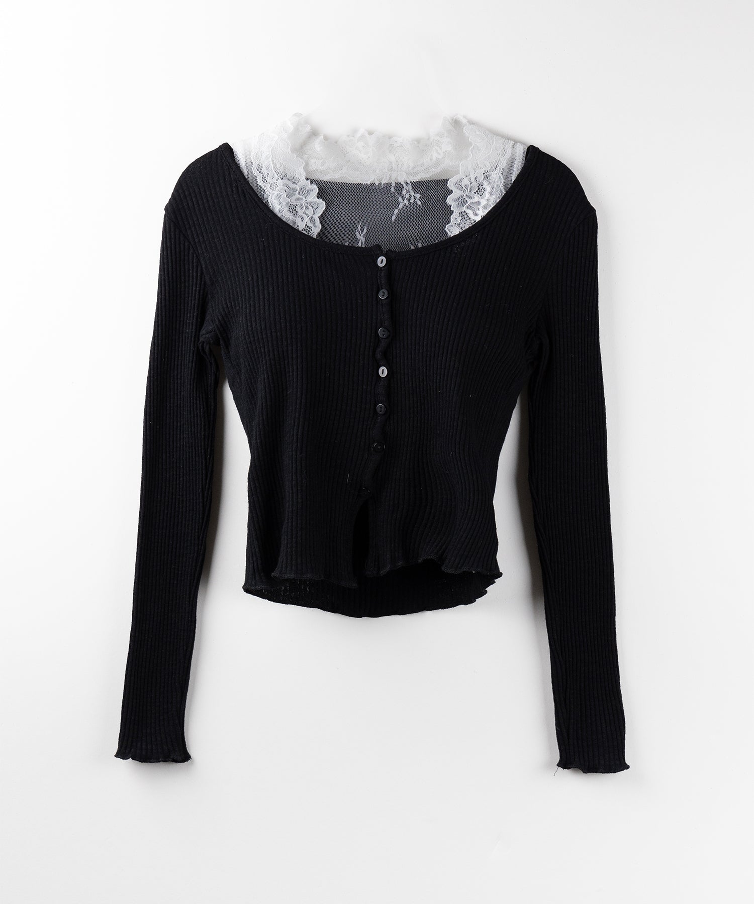 【 ２点セット 】レイヤードレースシアーリブカットソーカーディガン ／ layered lace sheer rib cut and sew cardigan