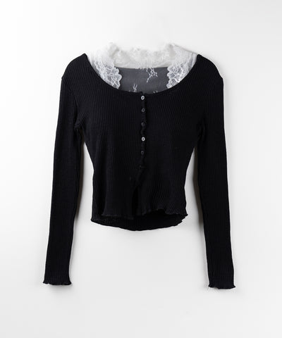 【 ２点セット 】レイヤードレースシアーリブカットソーカーディガン ／ layered lace sheer rib cut and sew cardigan