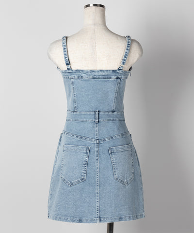 【 ２color 】ウォッシュデニムハイウエストミニキャミワンピース ／ wash denim high waist mini cami onepiece