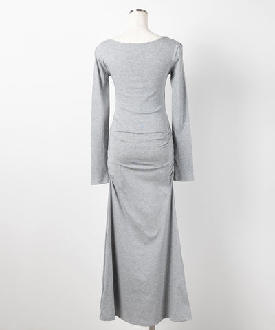 スクエアネックシャーリングマーメイド長袖ロングタイトワンピ ／ Square neck shirring mermaid long-sleeved long tight onepiece