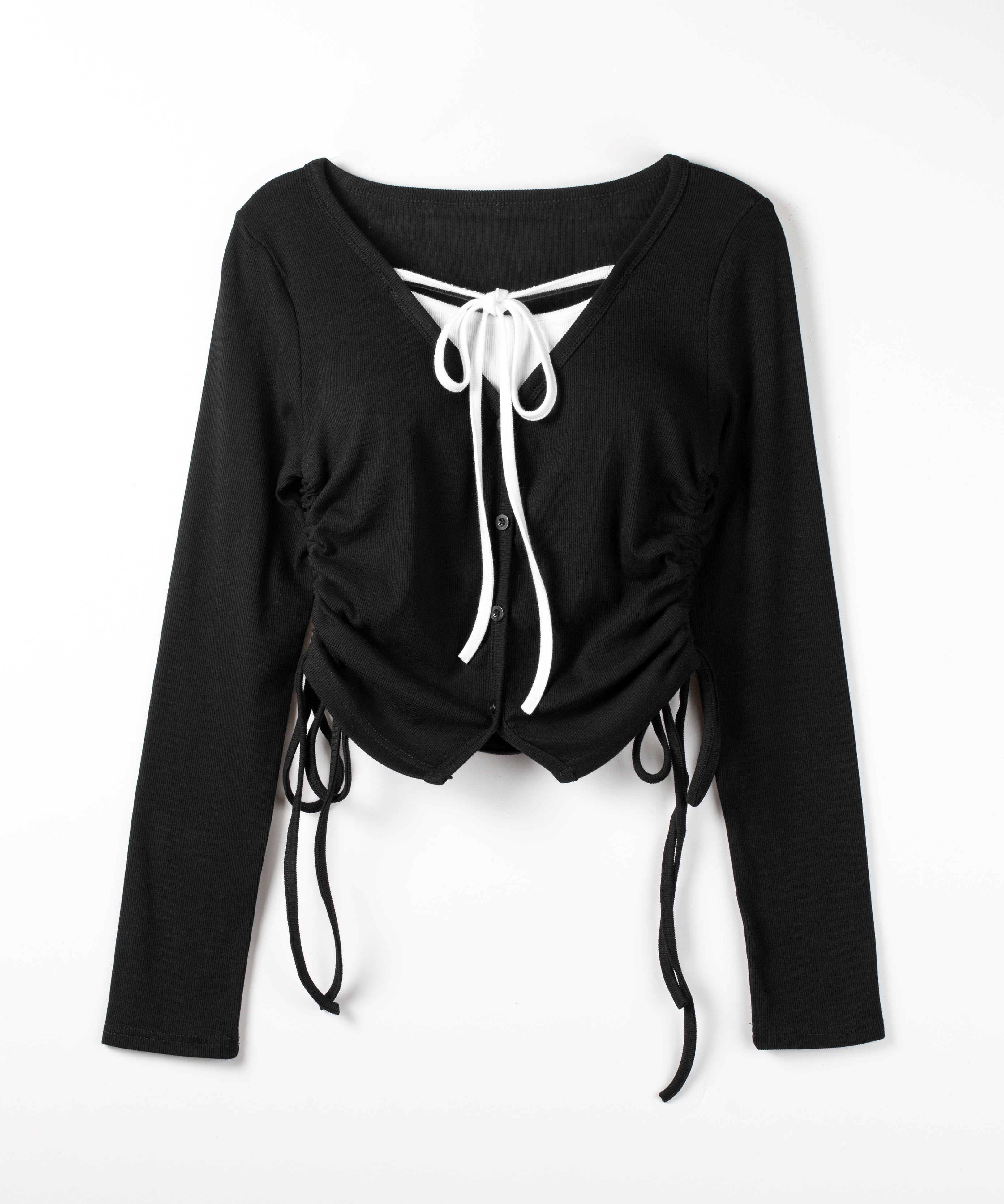 【 ３WAY 】レイヤード風シャーリングリボンリブトップス ／ fake layered shirring ribbon lib tops