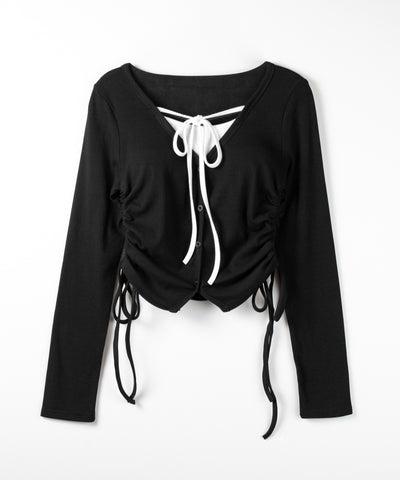 【 ３WAY 】レイヤード風シャーリングリボンリブトップス ／ fake layered shirring ribbon lib tops