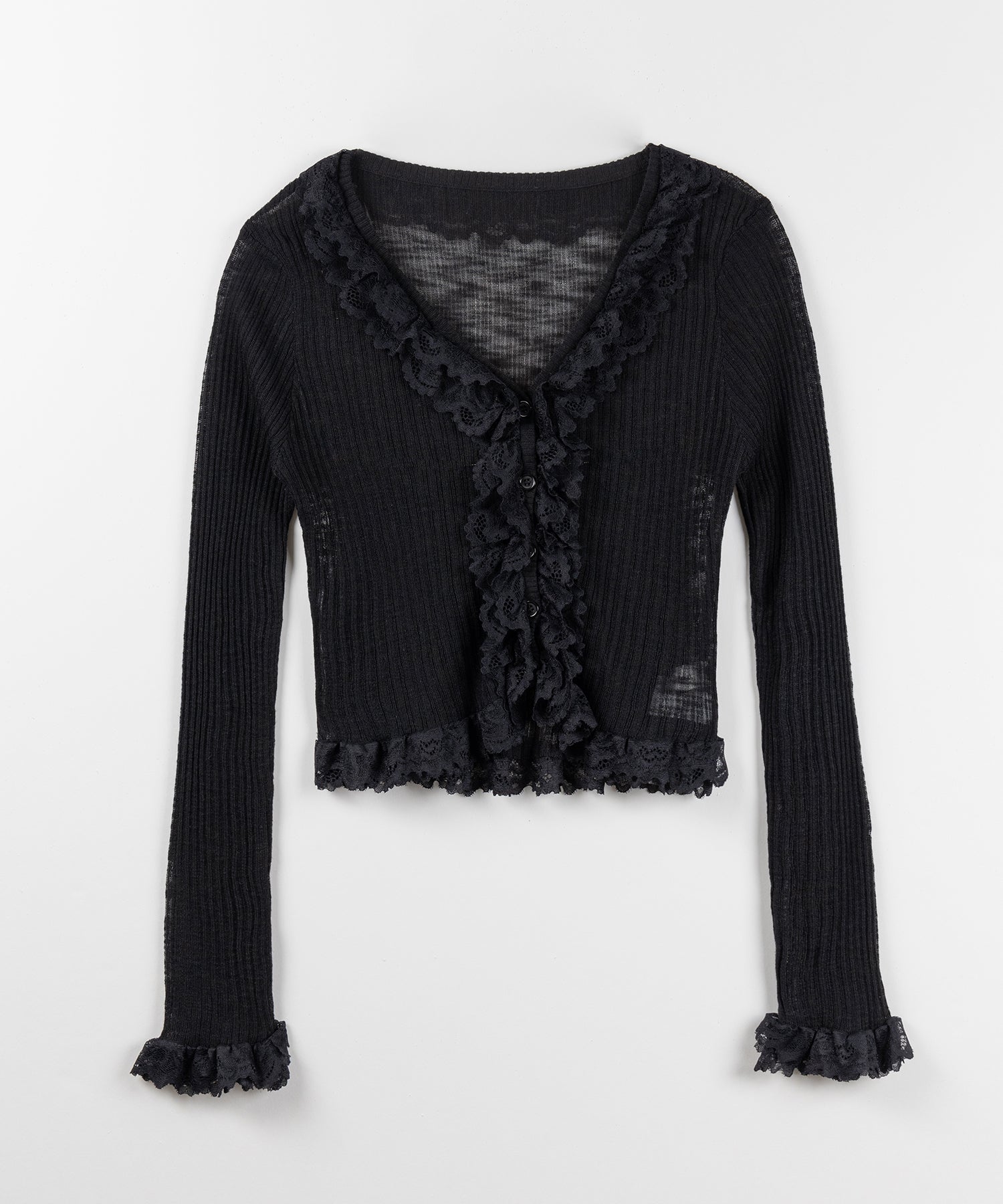 レースフリルシアーニットカーディガン ／ lace frill sheer knit cardigan