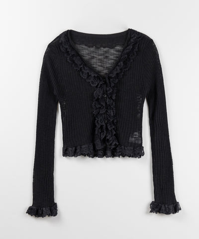レースフリルシアーニットカーディガン ／ lace frill sheer knit cardigan