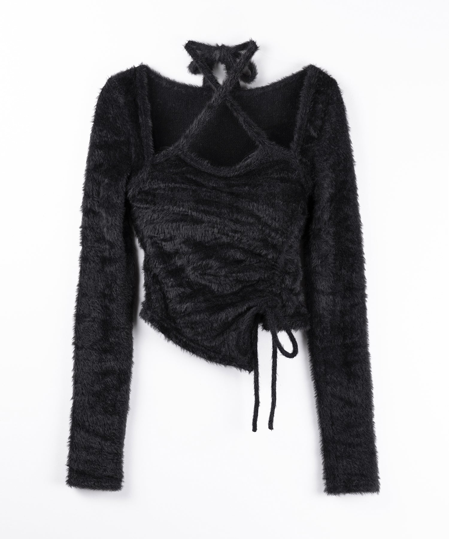 【 ３color 】クロスネックシャーリングリボンシャギートップス ／ cross neck shirring ribbon shaggy tops