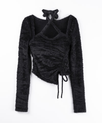 【 ３color 】クロスネックシャーリングリボンシャギートップス ／ cross neck shirring ribbon shaggy tops