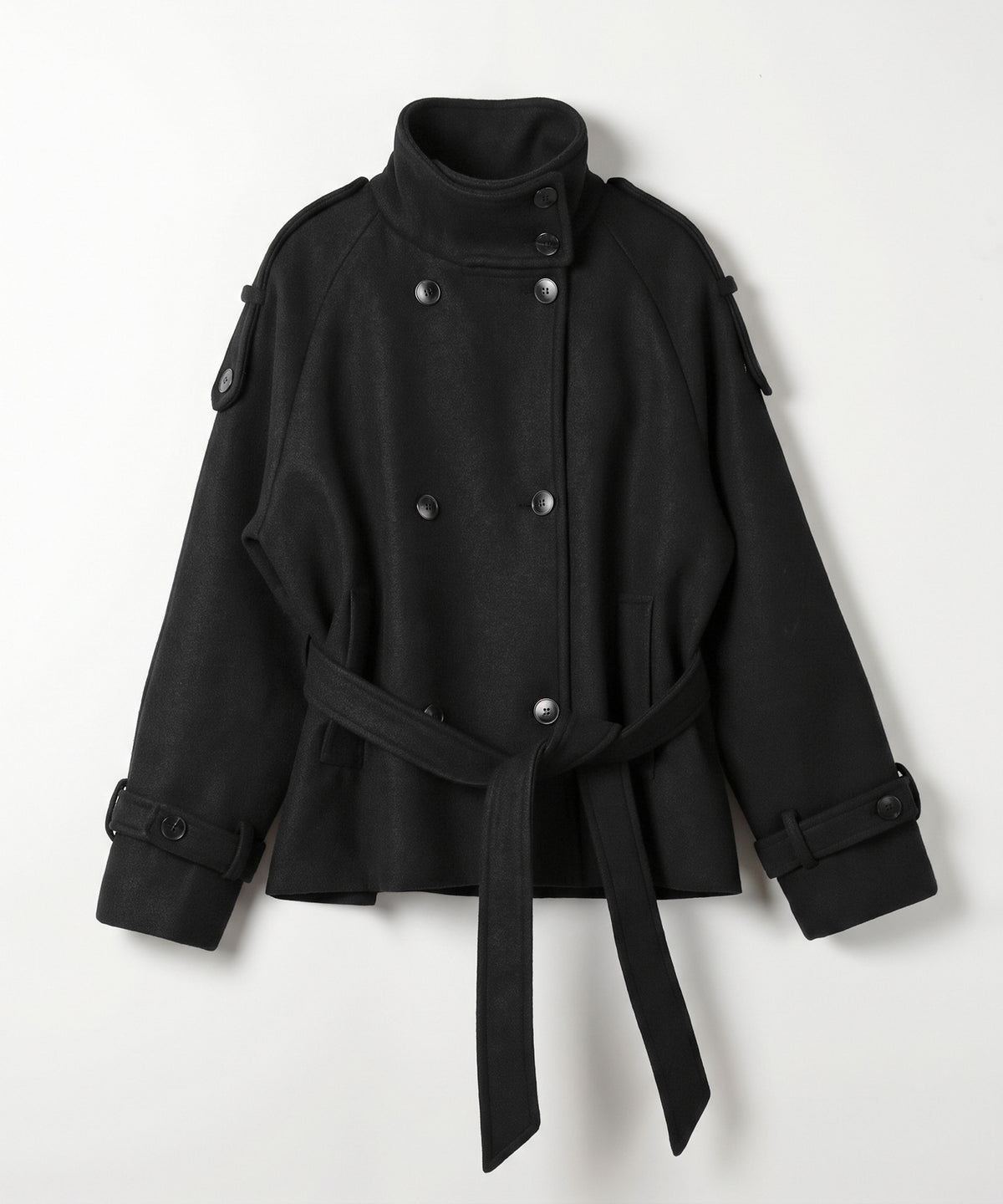 【 ウエストベルト付き 】スタンドネック ダブルブレスト ウールライクメルトンピーコート ／ Stand neck double-breasted wool-like melton pea coat