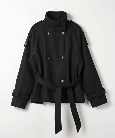 【 ウエストベルト付き 】スタンドネック ダブルブレスト ウールライクメルトンピーコート ／ Stand neck double-breasted wool-like melton pea coat