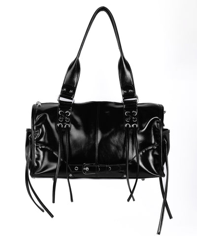 【 ショルダーストラップ付き２WAY 】レースアップベルテッドフリンジボストンショルダーバッグ／lace up belted fringe boston shoulder bag