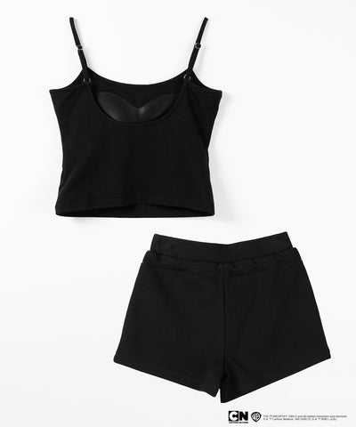 【THE POWERPUFF GIRLS】SETUP パワーパフガールズスクエアネックスリムキャミソール＆レタリングロゴショートパンツ / square neck slim camisole & lettering logo short pants