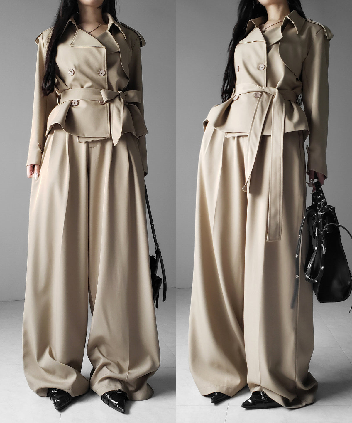 【 上下セットアップ 】ウエストマークショートトレンチコート ＋ タックワイドスラックスパンツ SETUP ／ Waist-mark short trench coat + tuck wide slacks pants