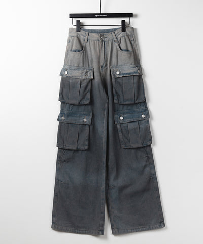 【 ３color ／４size 】オーバーダイグラデーションヴィンテージワイドカーゴデニム ／ overdyed gradation vintage wide cargo denim