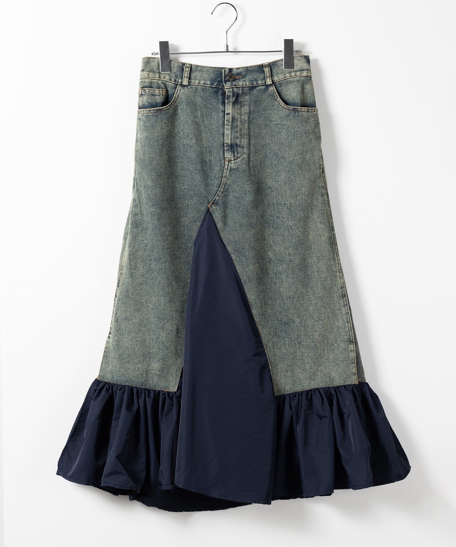 【 ３color 】異素材ドッキングスリットロングデニムスカート