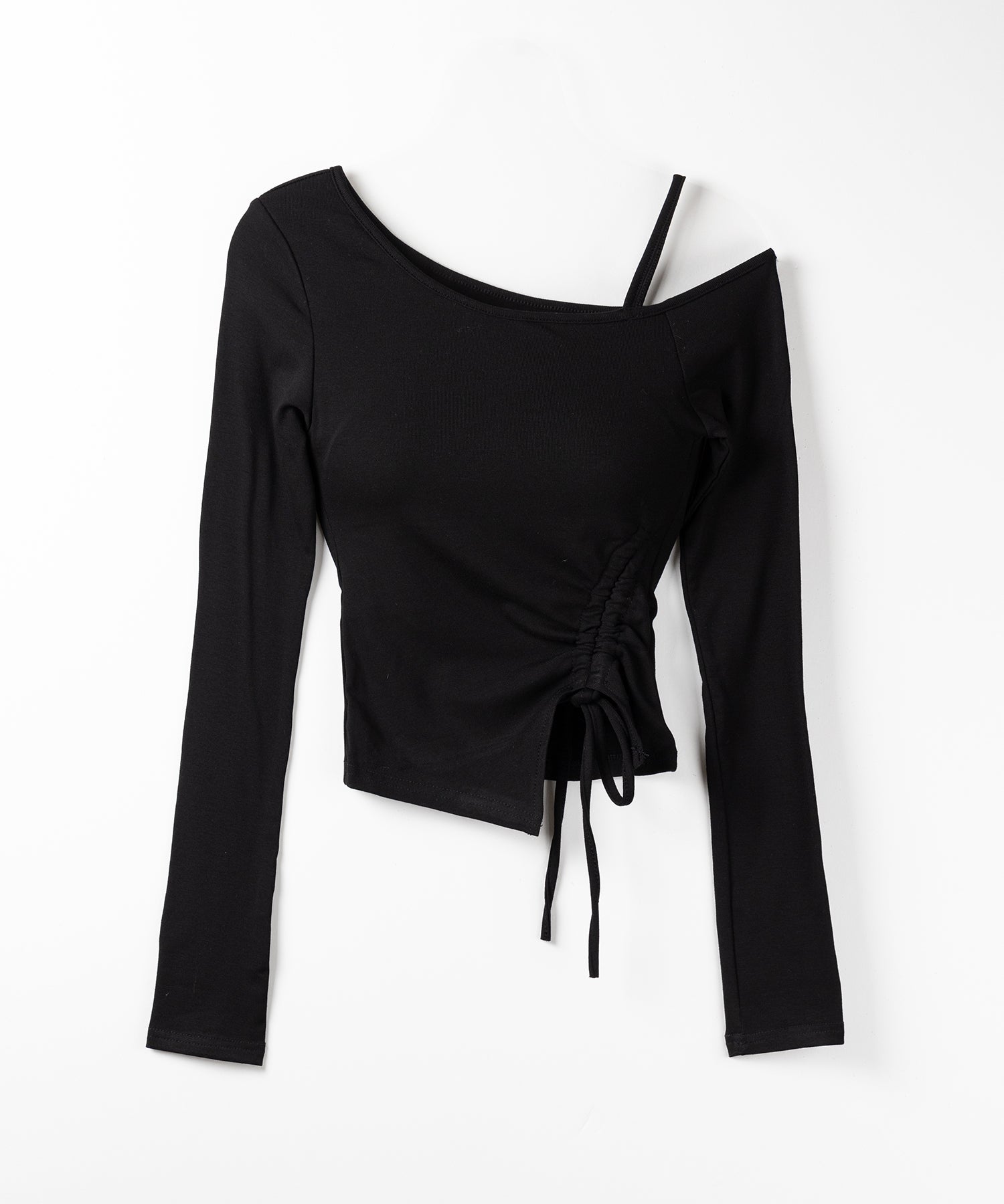 【 裏起毛 ／ カップ付 】サイドシャーリングリボンワンショルトップス ／ side shirring ribbon one shoulder tops