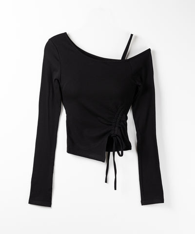 【 裏起毛 ／ カップ付 】サイドシャーリングリボンワンショルトップス ／ side shirring ribbon one shoulder tops