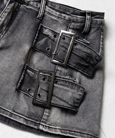 【 インパン裏地付 】ダブルハトメベルトヴィンテージデニムミニスカート ／ Double eyelet belt vintage denim mini skirt