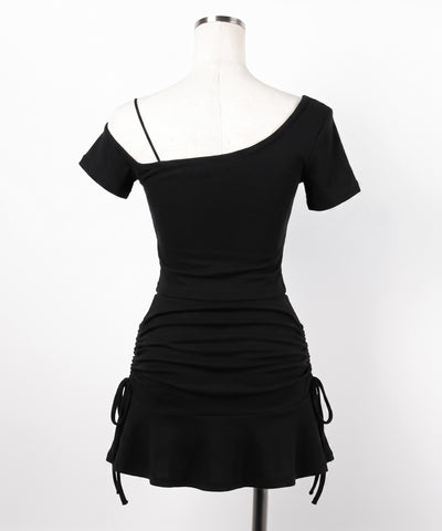 ワンショルギャザートップス ＋ シャーリングリボンスカート SETUP ／ ( SETUP ) one shoulder gather tops + shirring ribbon skirt SET