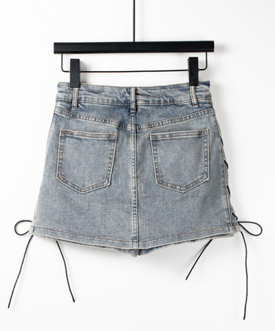 レースアップストレッチデニムミニスカパン ／ lace up stretch denim mini skirt pants