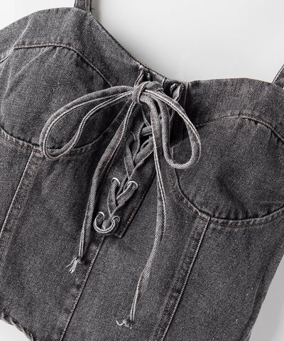 【 ２color 】レースアップリボンコルセットデニムビスチェ ／ lace up ribbon corset denim bustier