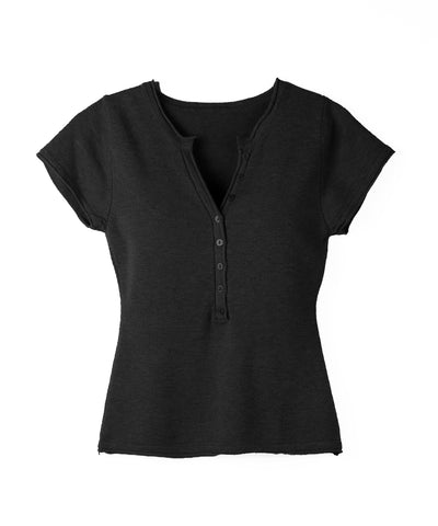 ヘンリーネック半袖ぴちニットトップス ／ henley neck short sleeve pichi knit tops