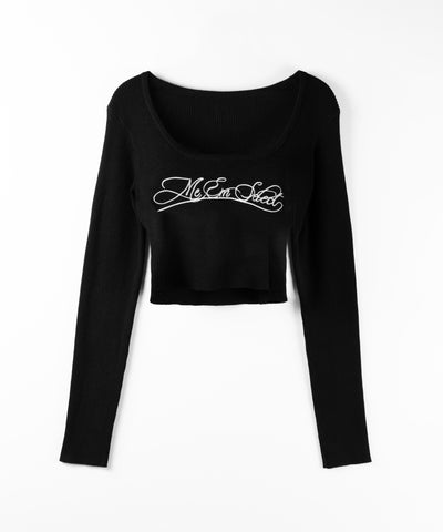 レタリングロゴ刺繍スクエアネックショートリブニットトップス ／ lettering logo embroidery square neck short rib knit tops