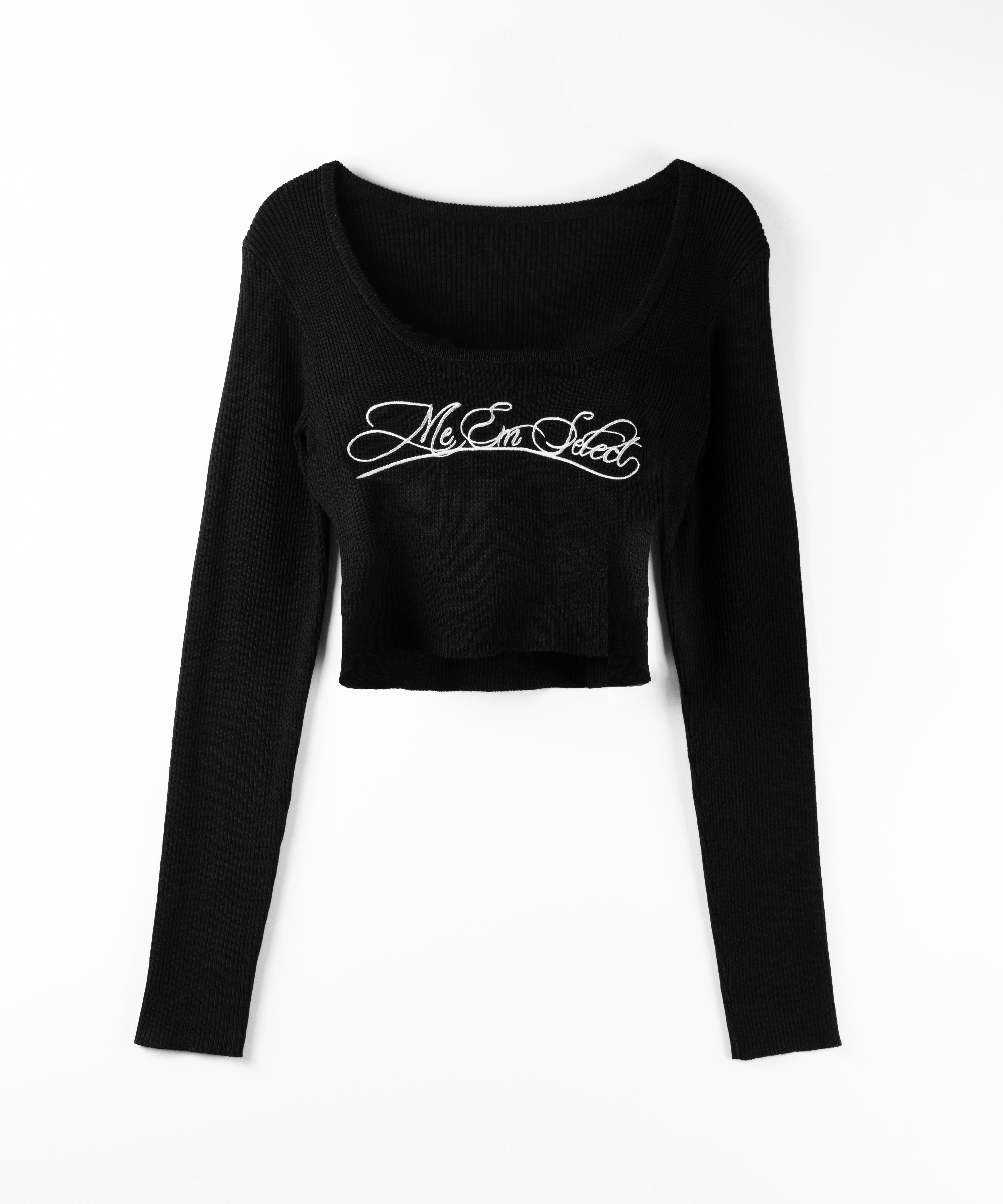 レタリングロゴ刺繍スクエアネックショートリブニットトップス ／ lettering logo embroidery square neck short rib knit tops