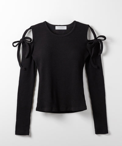 【 ３color 】カットアウトショルダーリボンリブトップス ／ Cut-out shoulder ribbon rib tops