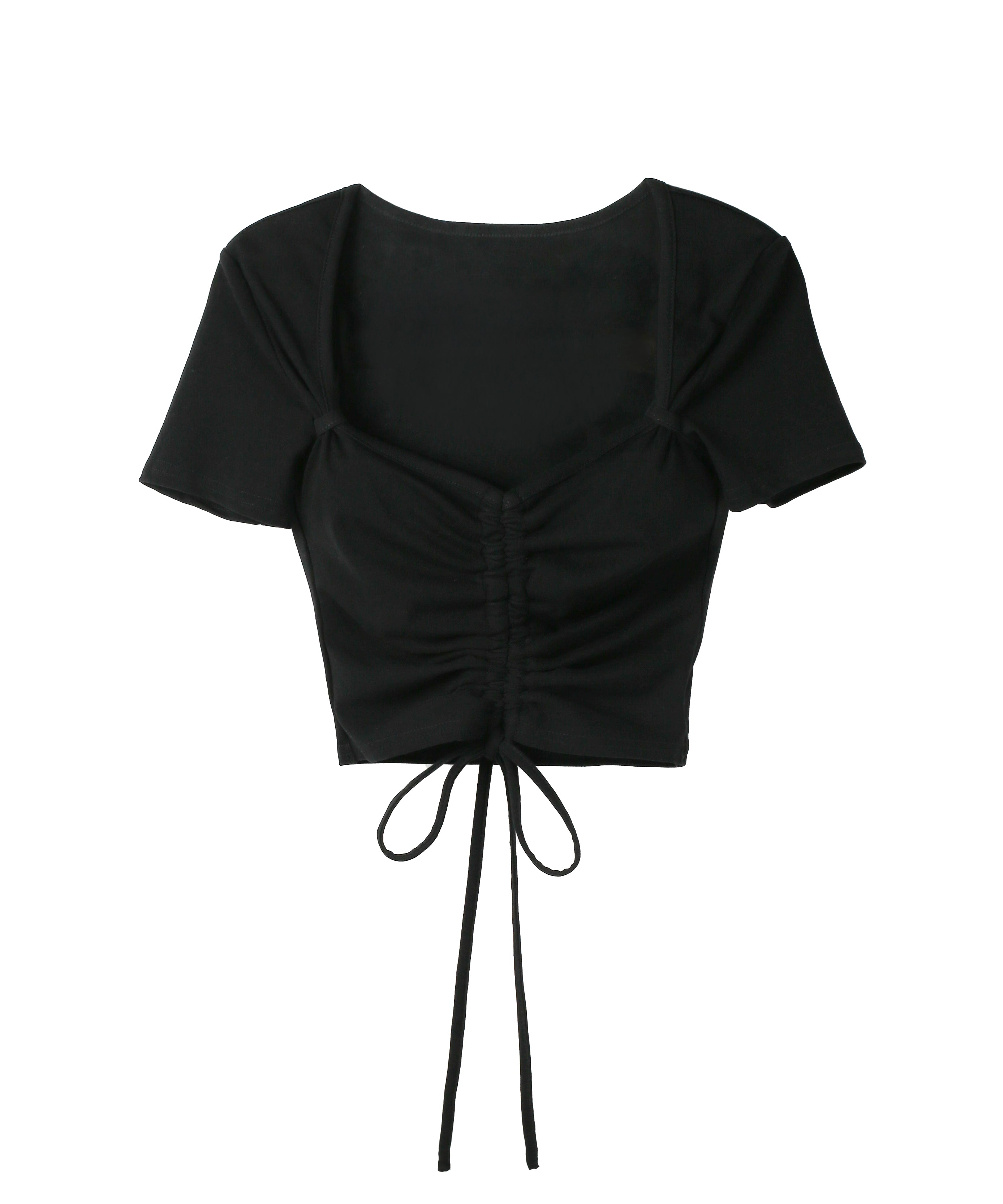 【クロスネックにできる2WAY 】フロントシャーリングリボン半袖ショートＴシャツ ／2WAY front shirring ribbon short sleeve short T-shirt