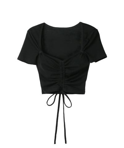 【クロスネックにできる2WAY 】フロントシャーリングリボン半袖ショートＴシャツ ／2WAY front shirring ribbon short sleeve short T-shirt
