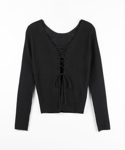 【 ３color 】レースアップリボンリブニットカーディガン ／ lace up ribbon rib knit cardigan
