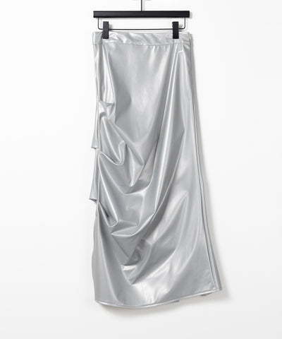 【 ３size ／ ２color 】ドローコードタックデザインフェイクレザーロングスカート
