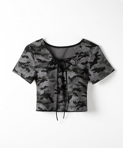 ヴィンテージカモフラレースアップショートＴシャツ　／ Vintage camouflage lace-up short T-shirt