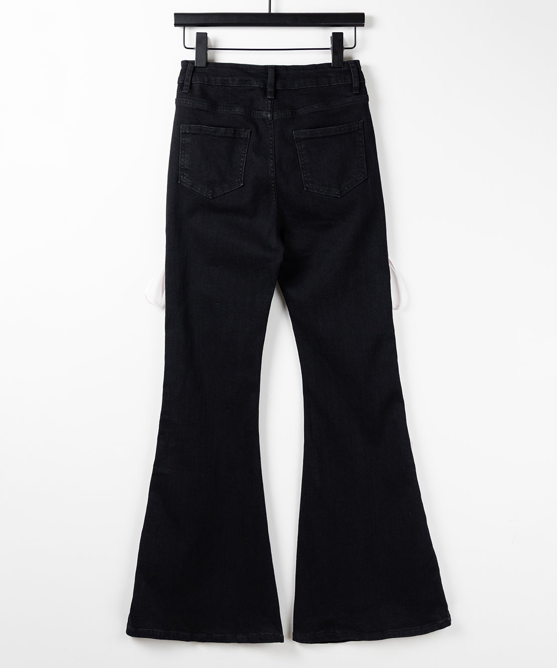 サテンリボンレースアップカットアウトストレッチフレアデニム ／ satin ribbon laceup cutout stretch flare denim