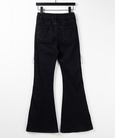 サテンリボンレースアップカットアウトストレッチフレアデニム ／ satin ribbon laceup cutout stretch flare denim
