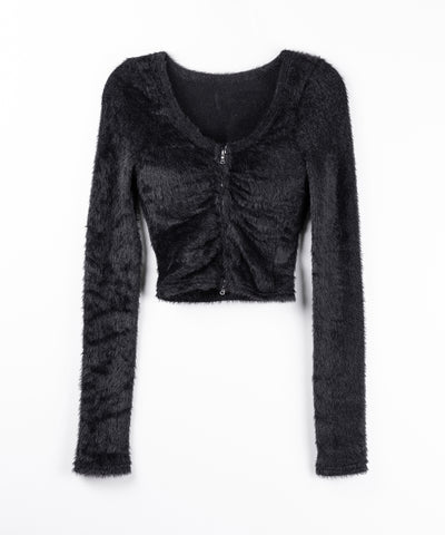 フロントジップショートシャギートップス／ front zip short shaggy tops