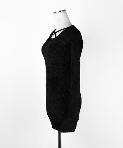クロスストラップシャギーニットミニワンピース ／ cross strap shaggy knit mini onepiece