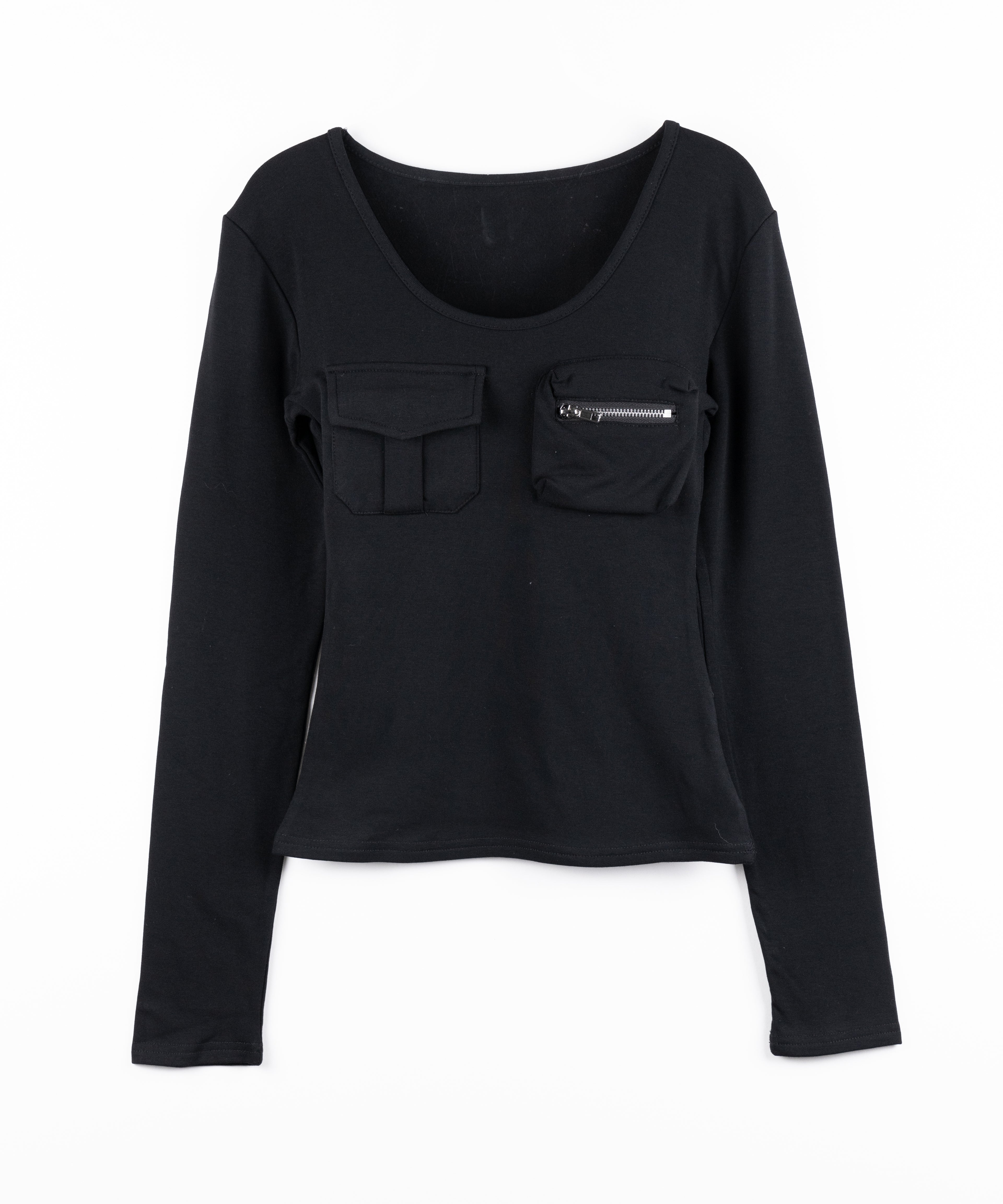 【 裏起毛 】アウトポケットオープンネックスリムトップス ／ out pocket open neck slim tops