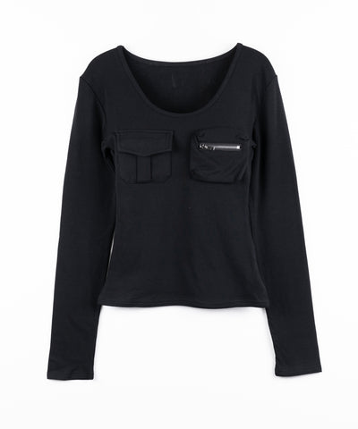 【 裏起毛 】アウトポケットオープンネックスリムトップス ／ out pocket open neck slim tops