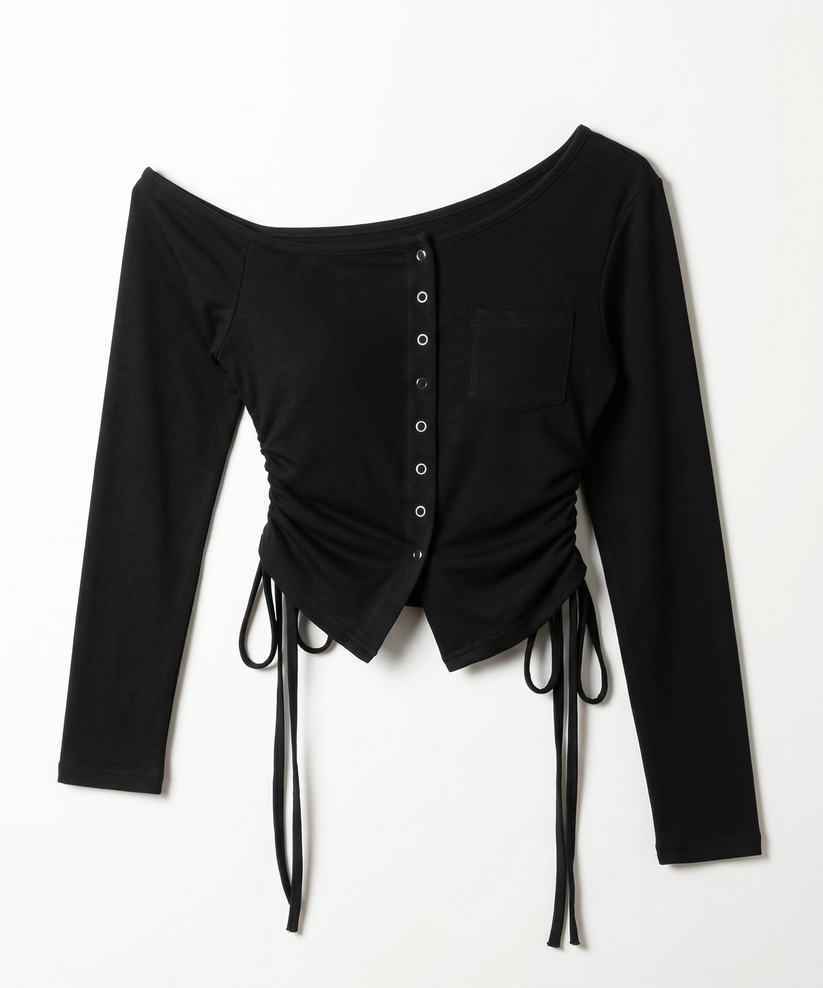 スナップボタンサイドシャーリング長袖ワンショルトップス ／ Snap button side shirring long-sleeved one-shoulder tops