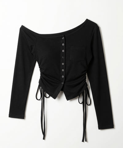 スナップボタンサイドシャーリング長袖ワンショルトップス ／ Snap button side shirring long-sleeved one-shoulder tops