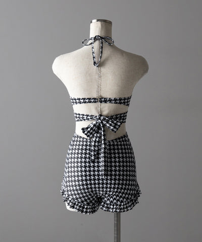 【 レディース水着／２点セット 】千鳥格子柄クロスウエストリボンハイウエストビキニ ／ houndstooth pattern cross waist ribbon high waist bikini
